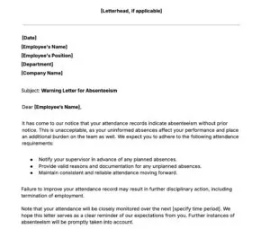 warning letter for poor performance snippet